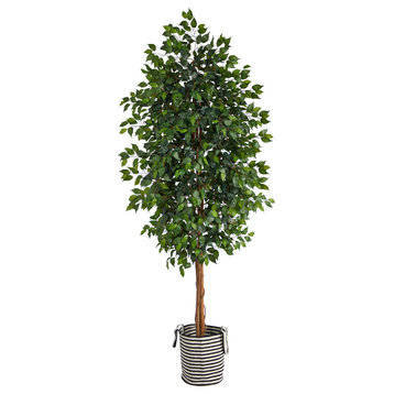 8' Ficus Faux Tree, Handmade Black and White Natural Jute and Cotton Planter