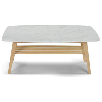 Laura 43" Rectangular Italian Carrara White Marble Coffee Table with Oak Shelf,