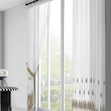 QY7121SHC Elbert Leaves Embroidered Double Pinch Pleat Ready Made Sheer Curtains