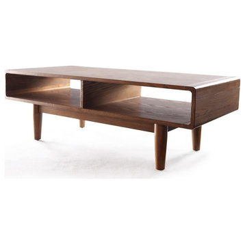 Mid Century Coffee Table, Canted Peg Legs With Open Compartments, Walnut