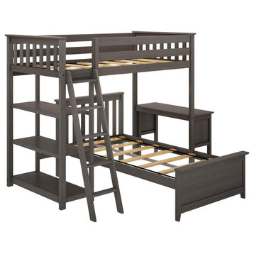 Twin Size Bunk Bed, L Shaped Design With Integrated Desk And Bookcase, Clay