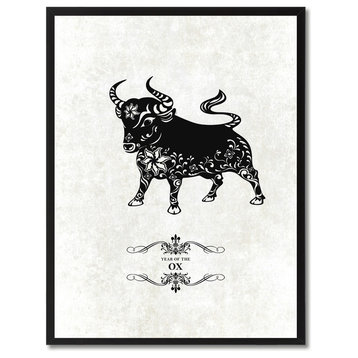 Ox Chinese Zodiac White Print on Canvas with Picture Frame, 13"x17"