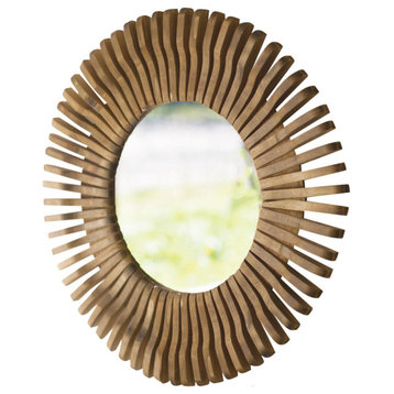 Elegant Rustic Sunburst 32" Round Wood Wall Mirror Natural Accent Classic