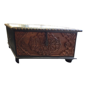 Mogul Interior - Consigned Coffee Table Floral Carved Chest Dark Brown Antique Treasure Trunk - Coffee Tables