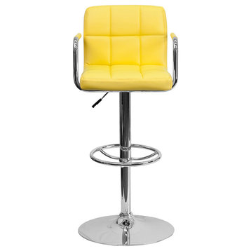 Yellow Quilted Vinyl Adjustable Barstool With Arms and Chrome Base