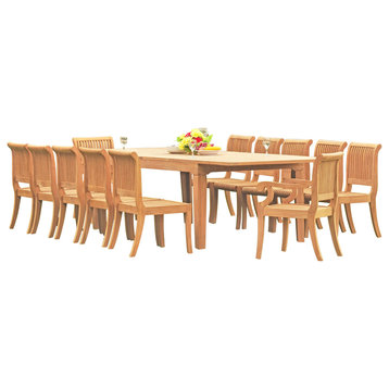 13-Piece Outdoor Teak Dining Set, 122" Extension Rectangle Table, 12 Chairs