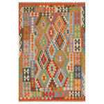 Bareens Designer Rugs - Retro Turkish Kilim Londa Hand-Woven Wool Rug - 5'1'' x 6'4'' - Elevate the elegance of your home with this stunning hand-woven tribal Kilim wool rug. Meticulously crafted on a loom by the Nomad Turkman people using hand-spun wool and 100% natural vegetable dyes, these rugs are recognized for their repetitive geometric patterns, incorporating naturalistic floral and traditional designs. The contemporary fashion palette results in bold, sharp patterns that are incredibly versatile, as the pattern is the same on both sides. These reversible rugs feature a lighter shade on one side and brighter colors on the other, providing versatility according to preference. These unique rugs are made by knotting short strands of different colors onto the warps and securing them by tightly pressing the wefts. The designs are created by interweaving the various colored wefts and warps. Kilims are known for their exceptional durability and versatility, making them truly unique rugs.  Product Details    Rug Size: 5'1'' x 6'4''  Material: 100% Wool  Style: Kilim, Flat Weave, Dhurrie, Turkish, Southwestern, Rustic, Tribal  Colors: Rust, Blue  Weave Type: Hand-Woven, Handmade  Pile Height: Less than 0.25 inch