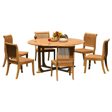 7-Piece Outdoor Patio Teak Dining Set, 60" Round Table, 6 Giva Chairs