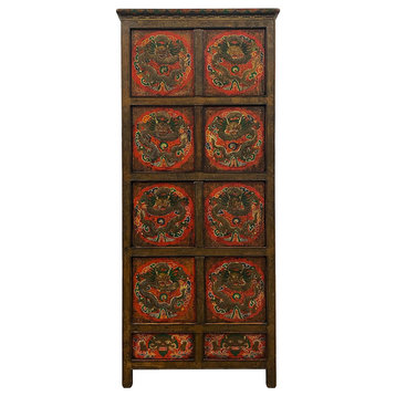 Consigned Antique Tibetan Hand Painted Dragon Tall Cabinet