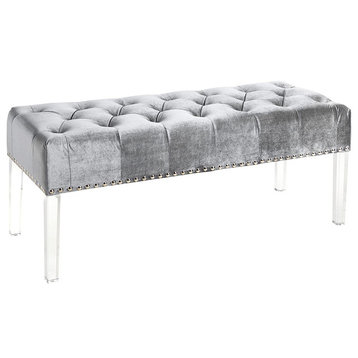 Elegant Upholstered Bench, Acrylic Leg and Tufted Velvet Seat With Nailhead, Vel