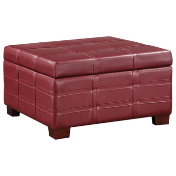 Classic Storage Ottoman, Lift Up Lid & Sliding Tray, Crimson Red Faux Leather