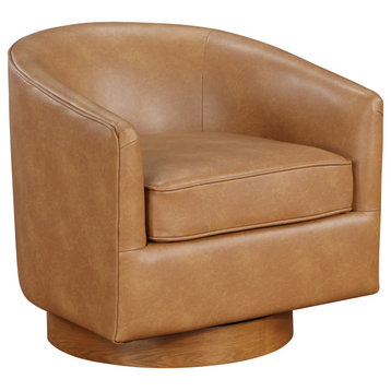 Irving Faux Leather Wood Base Barrel Swivel Chair, Saddle Brown