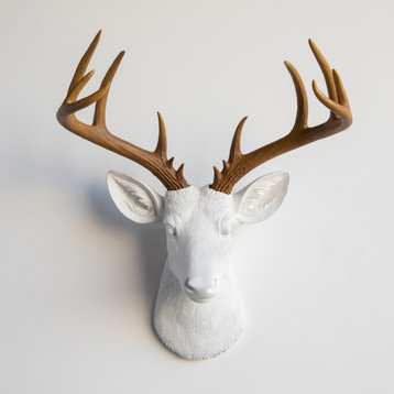 Faux Deer Head Wall Mount - 14 Point Stag Head Antlers, White and Natural