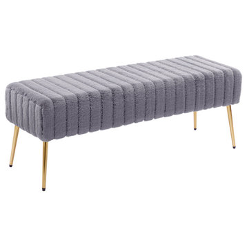 Channel Quilted Faux Fur Bedroom Bench, Grey