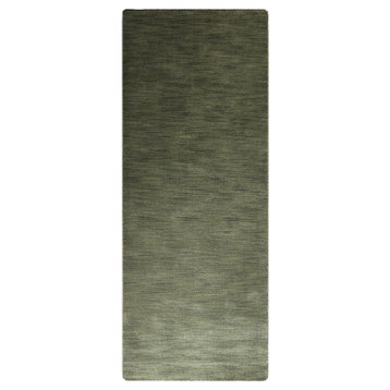 Hand Knotted Loom Wool Area Rug Solid Green, [Runner] 2'6''x6'