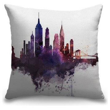 "New York Watercolor Cityscape" Outdoor Throw Pillow 18"x18"