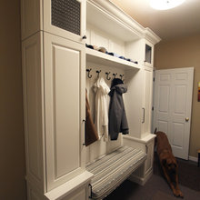 Mudroom Built Ins In White Cabinets With Wire Mesh Inserts