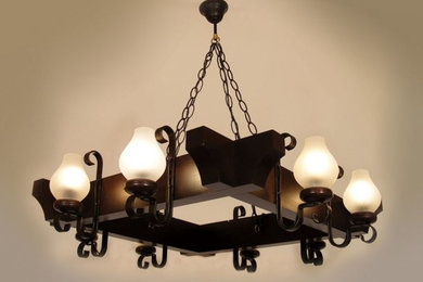 QUEEN Chandelier Brown Wood Eight Wrought Iron Arms White Glass Lamp Shades