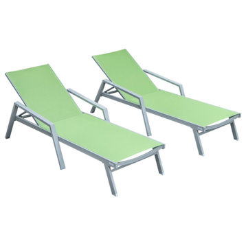 LeisureMod Marlin Patio Chaise Lounge Chair Gray Arms Set of 2, Green