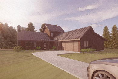 Modelo de fachada de casa marrón y gris tradicional renovada pequeña de dos plantas con revestimiento de madera, tejado a dos aguas, tejado de metal y panel y listón