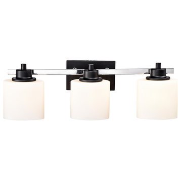 3-Light Black and Chrome Finish Vanity Lights With Etched White Glass Shades