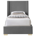 Meridian Furniture - Royce Linen Upholstered Bed, Gray, Twin - Make a big impression in the bedroom with this twin-size Royce linen textured bed. A wingback headboard is the star of the show here, with its extra height adding an element of drama to this exceptionally crafted bed. The headboard, sides and footboard of this Royce bed are covered in rich grey linen textured fabric for a sleek yet chic touch. The bed comes with both gold and chrome legs to suit your style preferences.
