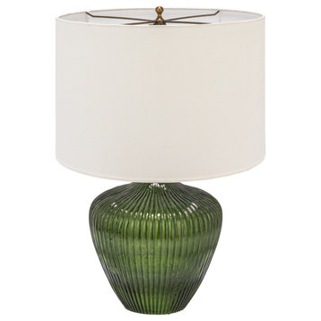 Green Glass Table Lamp With White Drum Shade