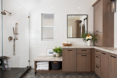 Minimalist white tile and porcelain tile porcelain tile, multicolored floor and double-sink wet room photo in Orange County with medium tone wood cabinets, quartzite countertops, white countertops and a built-in vanity