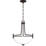 Quoizel - Quoizel BLG2818OZ Billingsley 3 Light Pendant - Old Bronze - The Billingsley is a clean, transitional collection. Its thin, twin support frame elevates the simple silhouette, while classic accents easily coordinate with a variety of home decor styles. Complemented by etched glass shades, all fixtures are available in your choice of brushed nickel or old bronze finish.