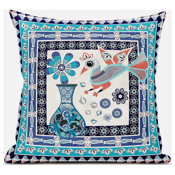 16" X 16" Blue and Off White Peacock Broadcloth Floral Zippered Pillow