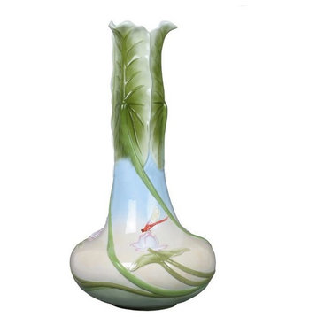 Triple Lotus Leaves Tall Vase With Red Dragon Fly, Animal, Fine Porcelain