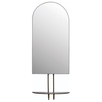 Arched Metal Wall Mirror With Shelf, Antique Gold Finish