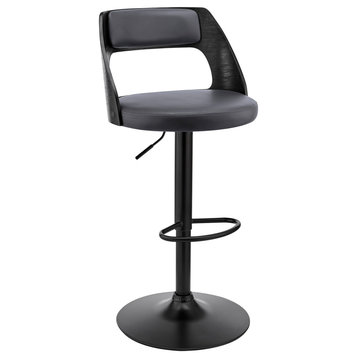 Paulo Adjustable Swivel Faux Leather and Wood Bar Stool With Metal Base, Gray and Black