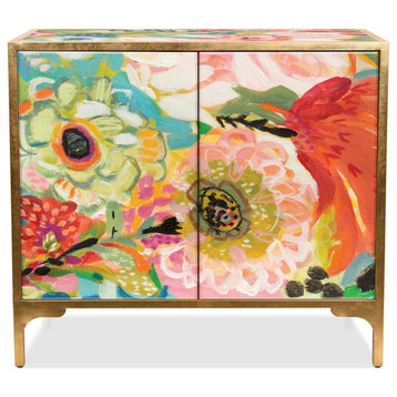 Secret Garden Floral III Cabinet Console on Beveled Art Glass, Frame