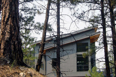 Inspiration for a large contemporary gray two-story mixed siding house exterior remodel in Other with a shed roof and a metal roof