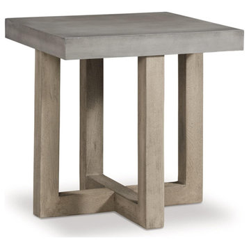 Contemporary End Table, Unique Design With Wood Legs & Faux Concrete Top, Gray