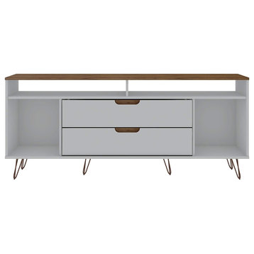 Modern TV Stand, 2 Storage Drawers and 4 Open Compartments, White/Nature