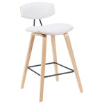 Armen Living - Fox Swivel Bar Height Stool With White and Patterned Oak - Whether drawn up to a sleek kitchen island or rounding out your home bar with a perfect perch, the Fox Stool Collection delivers versatile seating with timeless modern style. This mid-century-inspired stool features a gently curved back and padded seat, designed with high-density foam for lasting comfort during long meals or casual lounging. The medium-high back provides just the right amount of support while promoting healthy posture. Framed in durable layered hardwood and paired with a powder-coated steel footrest, each stool balances style and function with ease. Upholstery options now include rich vegan leather or soft-touch performance fabric in a variety of finishes ' including speckled textures in brown and blue, and smooth woven fabrics in white, light blue, and grey. Frame finishes range from walnut and black brushed wood to patterned oak, giving you flexibility to match your aesthetic. Whether you lean classic, Scandinavian, or contemporary, the Fox stool adapts seamlessly to your space. Choose from counter height or bar height to suit your kitchen island, breakfast nook, dining area, or home bar. With its clean lines and supportive construction, Fox is built to elevate your space ' and built to last.