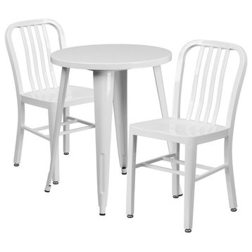 24'' Round White Metal Indoor-Outdoor Table Set With 2 Vertical Slat Back Chairs