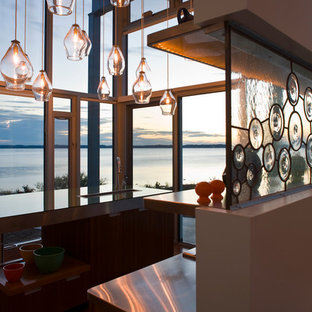 Idées déco pour une petite arrière-cuisine linéaire contemporaine avec un évier posé, un placard à porte plane, des portes de placard en bois sombre, un plan de travail en verre, un électroménager en acier inoxydable, un sol en bois brun et un îlot central.