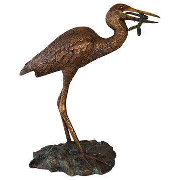 Heron With Prey Brown Patina Bronze Statue Fountain Size: 26" x 15" x 25"H