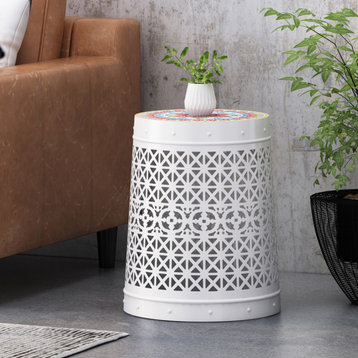 Miller Indoor Lace Cut Side Table With Tile Top, White/Multi-Color