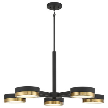 Ashor 5-Light LED Chandelier, Matte Black With Warm Brass Accents