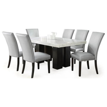 Bowery Hill Marble Top Rectanglular 7 Piece Dining Set in Silver