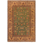 Bareens Designer Rugs - Antique Lavastone Low-Pile Henry Green/Gold Wool Rug - 7'3'' x 10'1'' - An exhilarating oriental rug with distinctive motifs and wide-ranging pallet of warm colors, this antique vintage distressed low pile hand knotted masterpiece is a breath-taking addition to any decor. Featuring a soft low pile, showcasing the intricate design with an awe-inspiring color palette this masterpiece is known for its versatility, all vegetable dyes, and high knot count. Known for its artistic individuality, masterful construction, and enduring appeal this one-of-a-kind rug is an excellent addition to any d�cor.