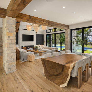 Weathered Antiuqe Box Beams and White Oak Flooring in Rustic Modern Dining Room
