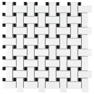 Metro Basketweave White w/Black Dot Porcelain Floor and Wall Tile