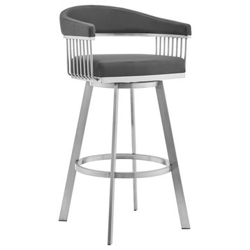 Chelsea Gray Faux Leather and Brushed Stainless Steel Swivel Bar Stool, 26 Inch