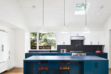 Mid-sized transitional l-shaped medium tone wood floor and brown floor eat-in kitchen photo in Austin with an undermount sink, shaker cabinets, turquoise cabinets, black backsplash, paneled appliances, an island and black countertops