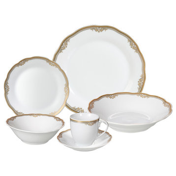 24 Piece Fine Wavy Edge Porcelain Dinnerware Set, Amelia design, Catherine